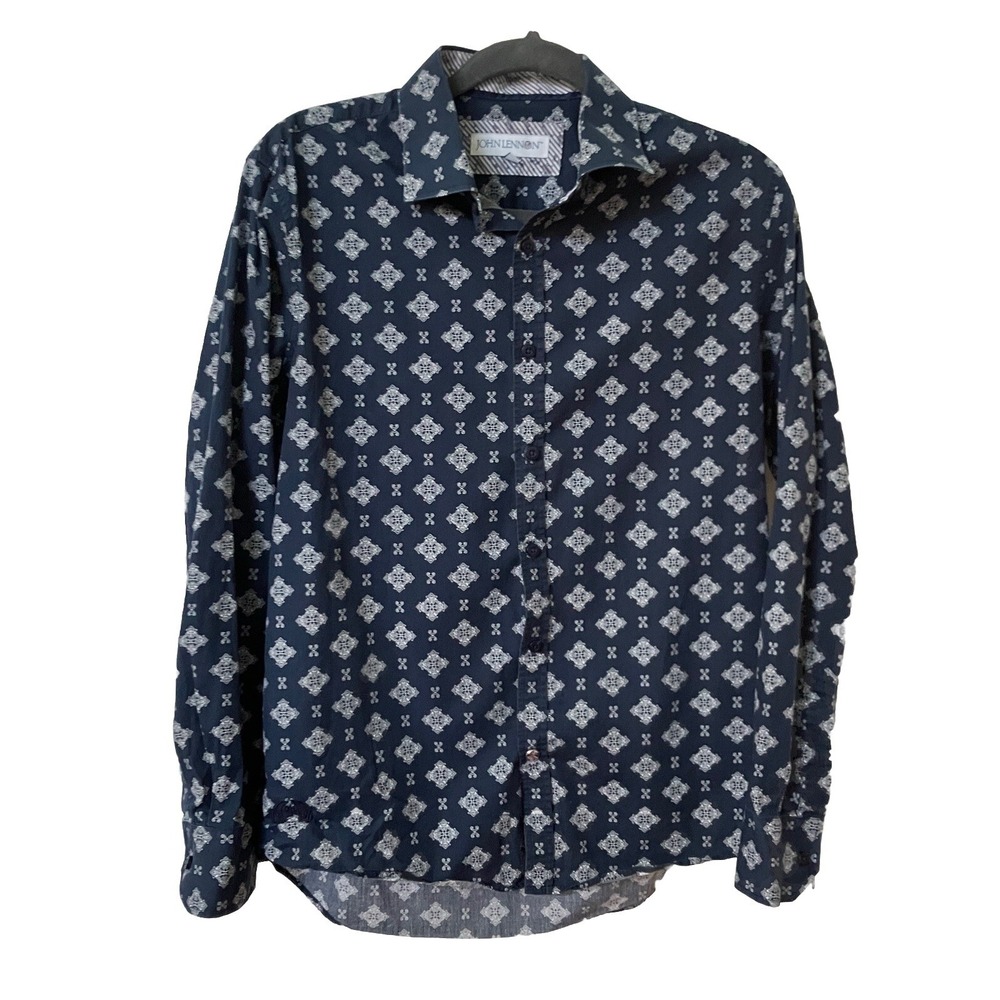 John Lennon Mens Navy Blue Geometric Medallion Print Button Down Shirt Small